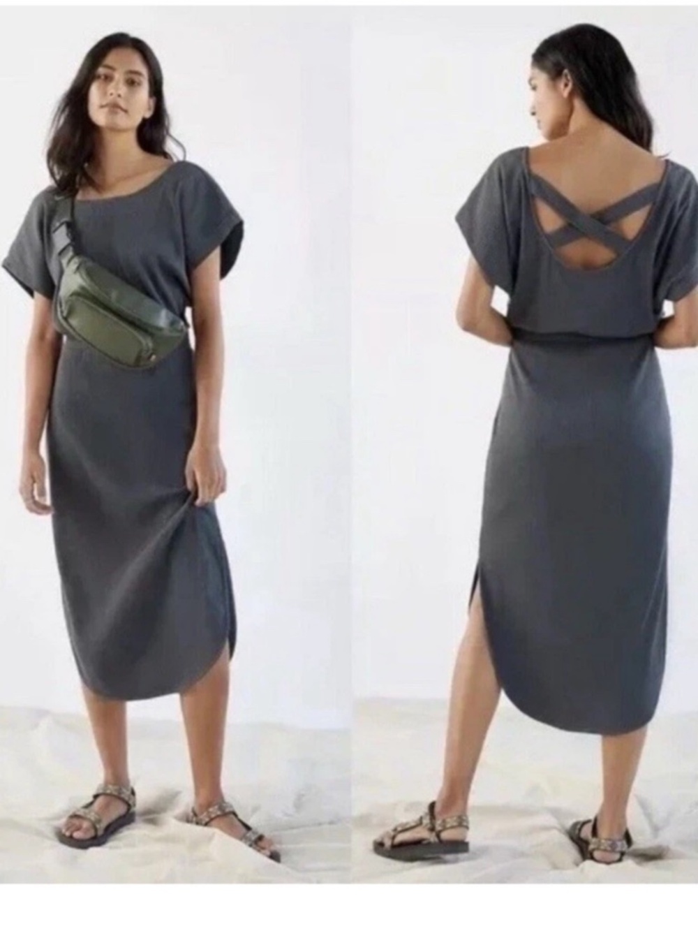 Anthropologie Daily Practice Ribbed Midi Dress Elastic Waist Cotton Criss Cross